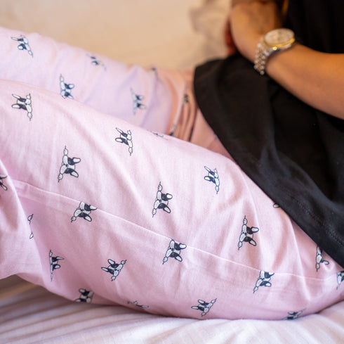 Women summer pajama set Black T-shirt + Rose Dog Pants